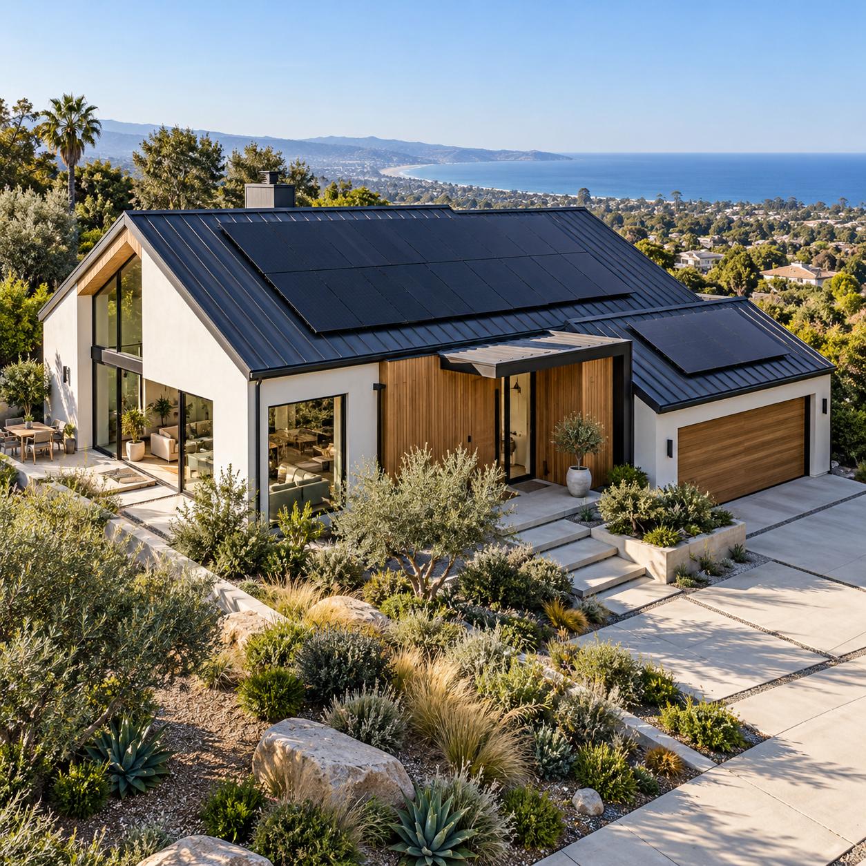 AI-generated illustrative standing-seam metal roof with solar panels.
