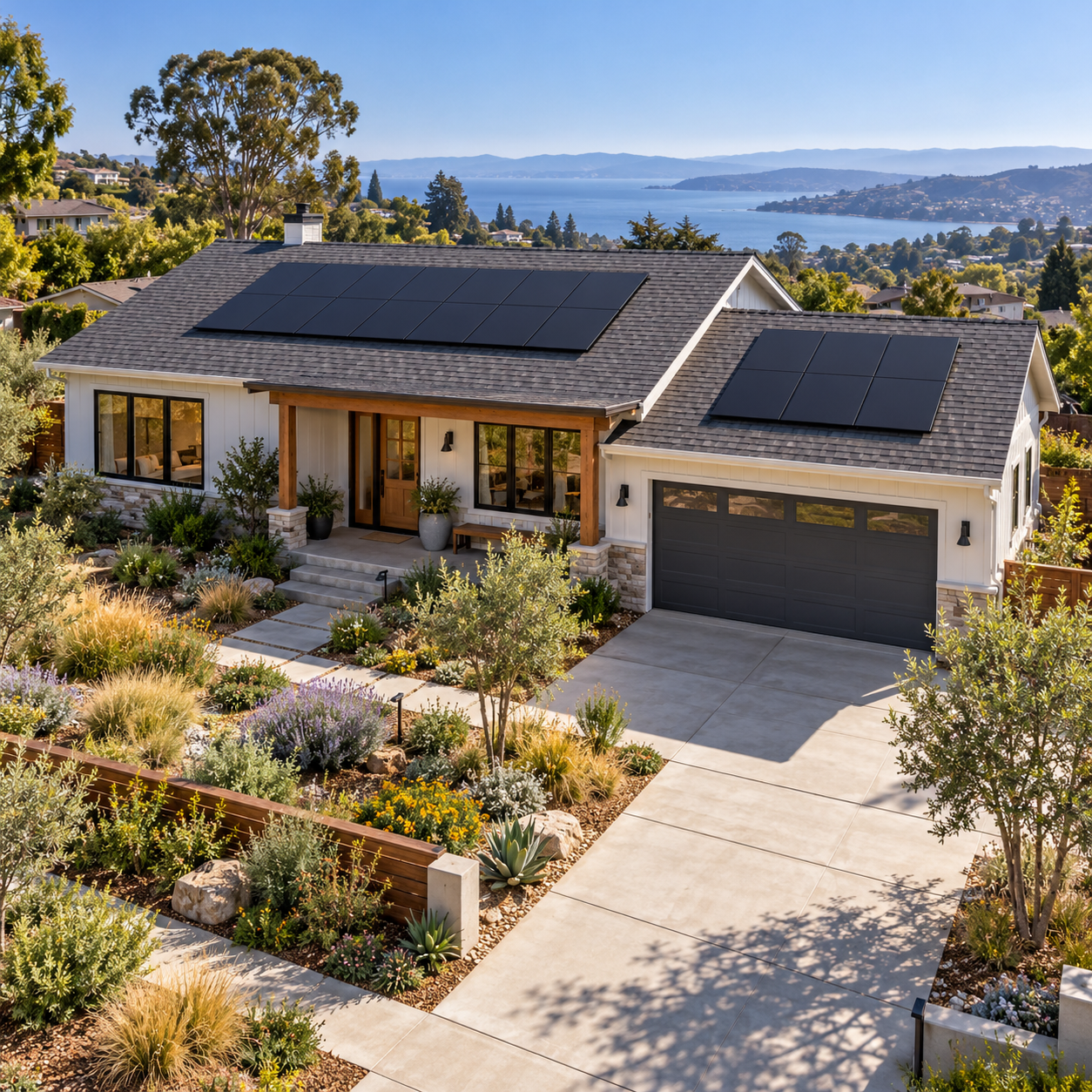 AI-generated illustrative pitched shingle roof with solar panels.
