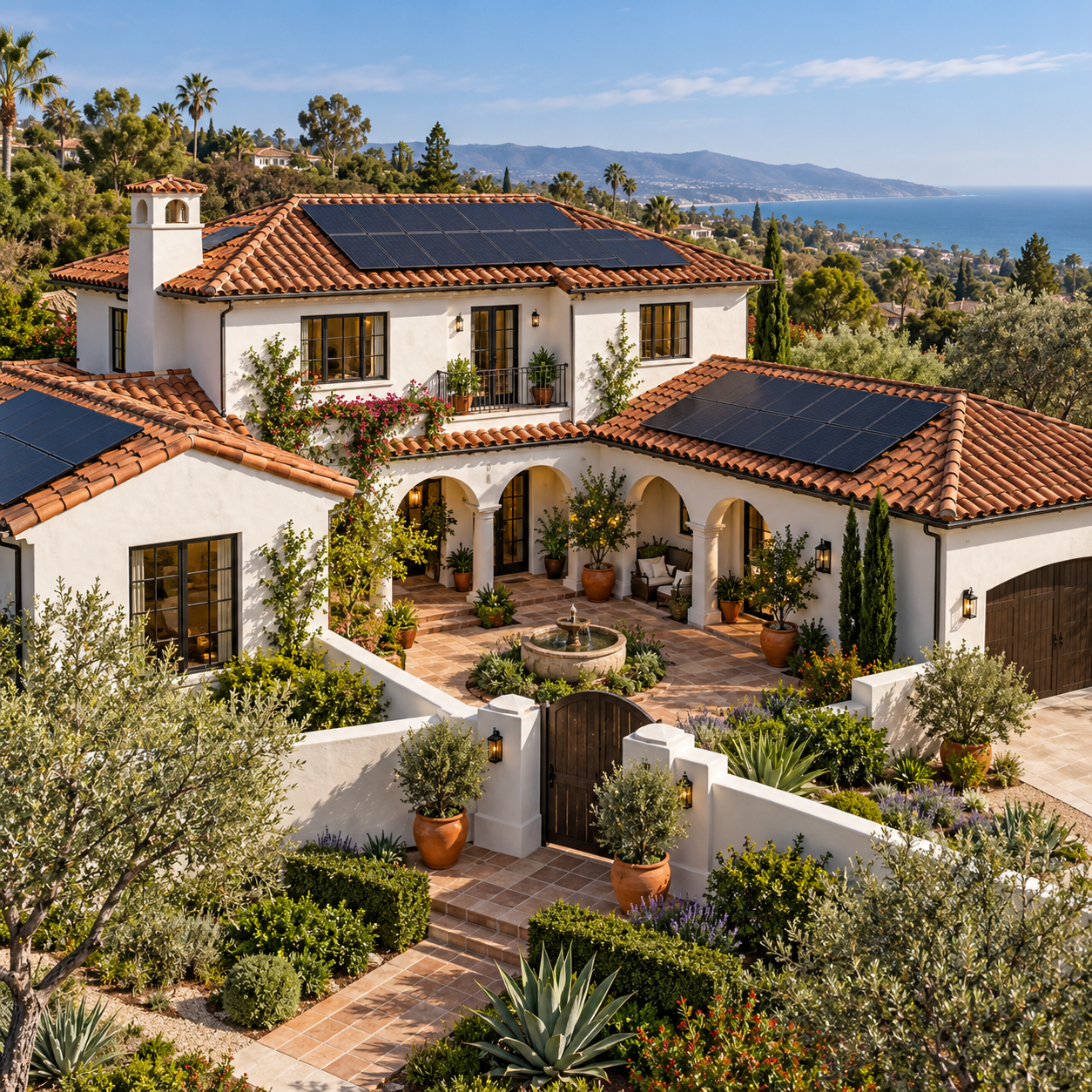 AI-generated illustrative solar layout on a terracotta tile roof.